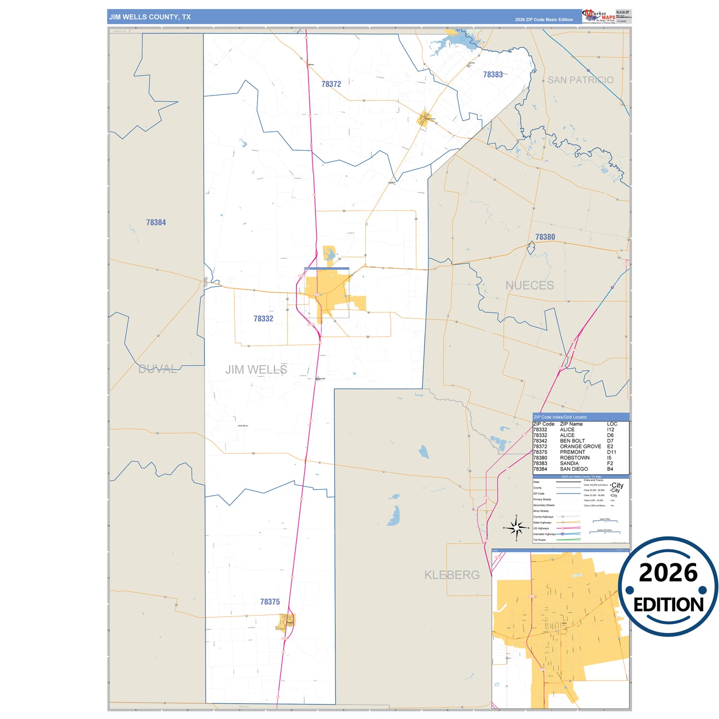 Jim Wells County, TX Business Reference 5 Digit ZIP Code Wall Map