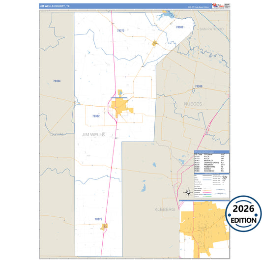 Jim Wells County, TX Business Reference 5 Digit ZIP Code Wall Map