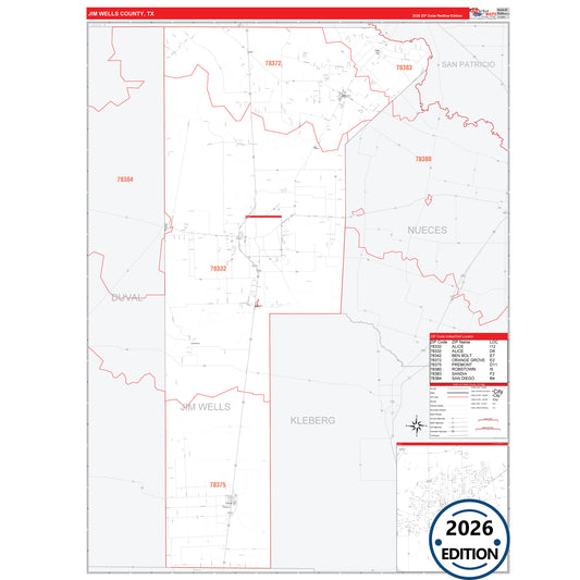 Jim Wells County, TX Red Line 5 Digit ZIP Code Wall Map