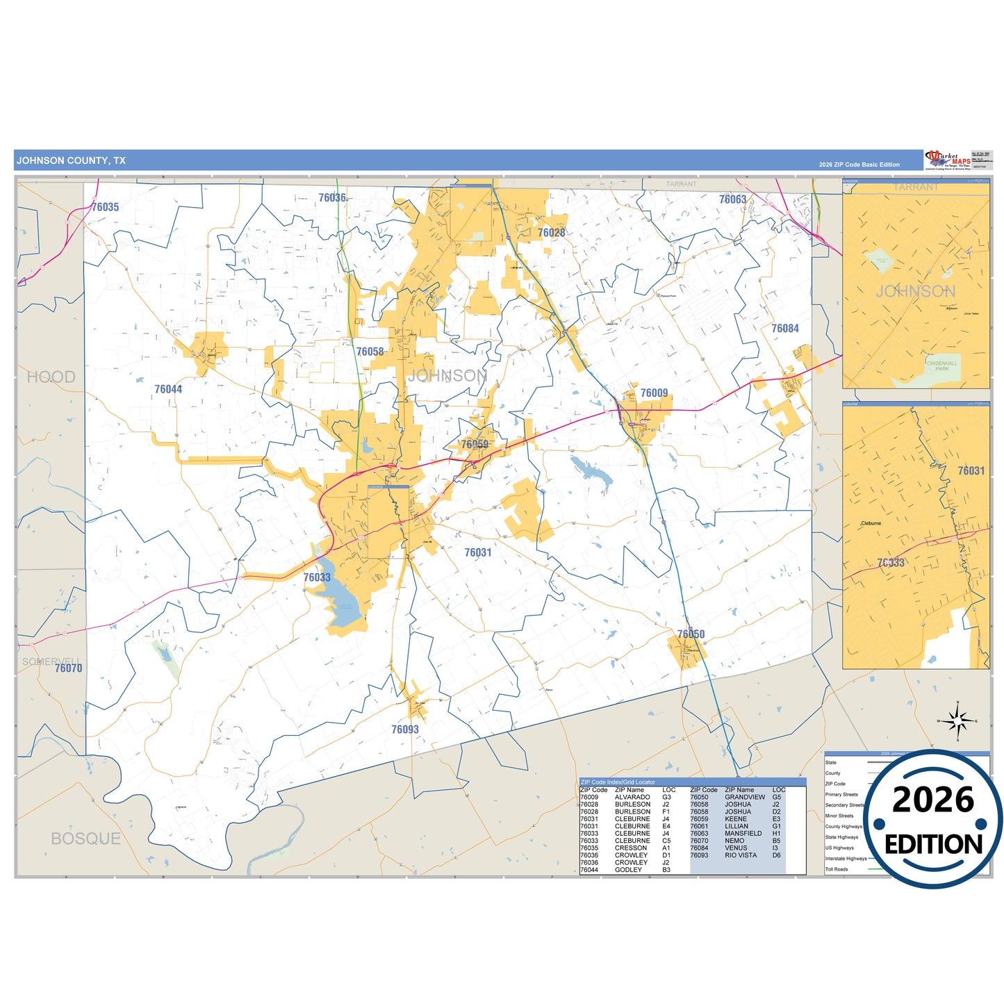 Johnson County, TX Business Reference 5 Digit ZIP Code Wall Map
