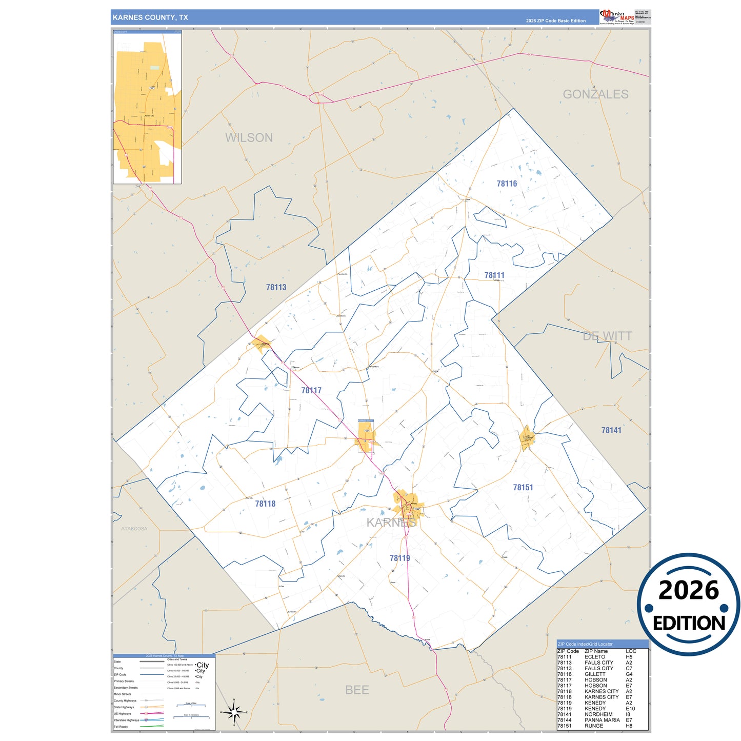 Karnes County, TX Business Reference 5 Digit ZIP Code Wall Map