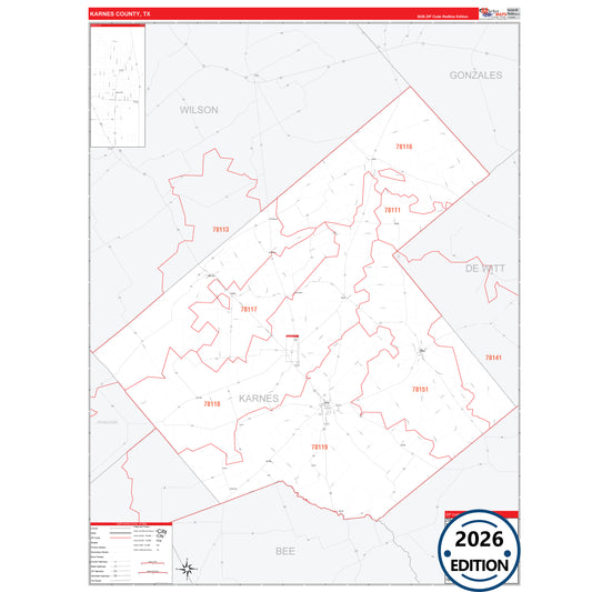 Karnes County, TX Red Line 5 Digit ZIP Code Wall Map