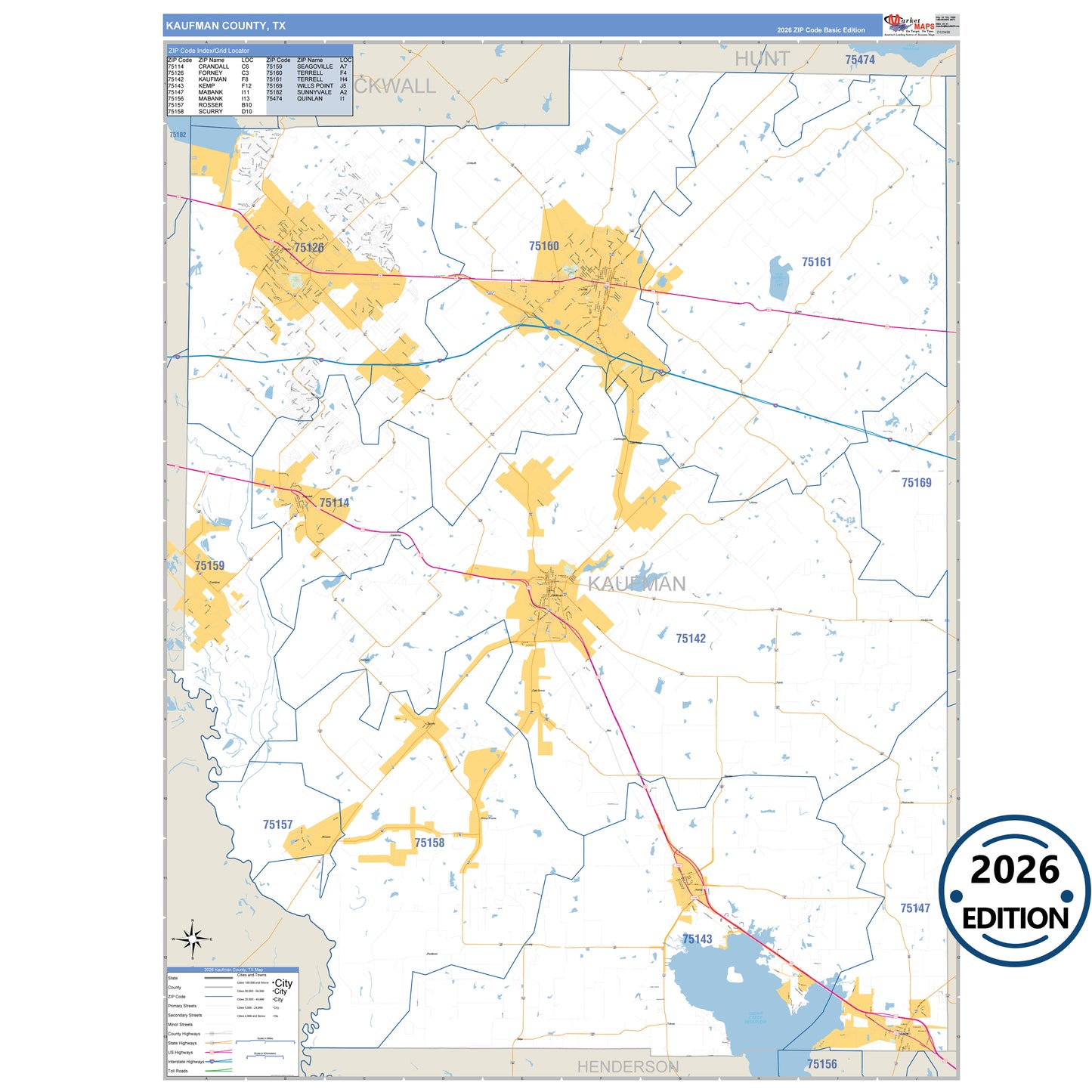 Kaufman County, TX Business Reference 5 Digit ZIP Code Wall Map