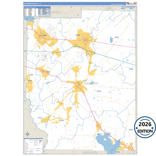 Kaufman County, TX Business Reference 5 Digit ZIP Code Wall Map