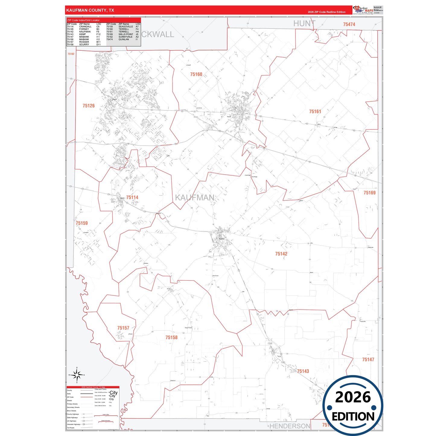 Kaufman County, TX Red Line 5 Digit ZIP Code Wall Map