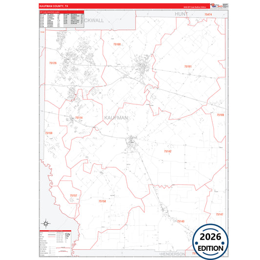 Kaufman County, TX Red Line 5 Digit ZIP Code Wall Map
