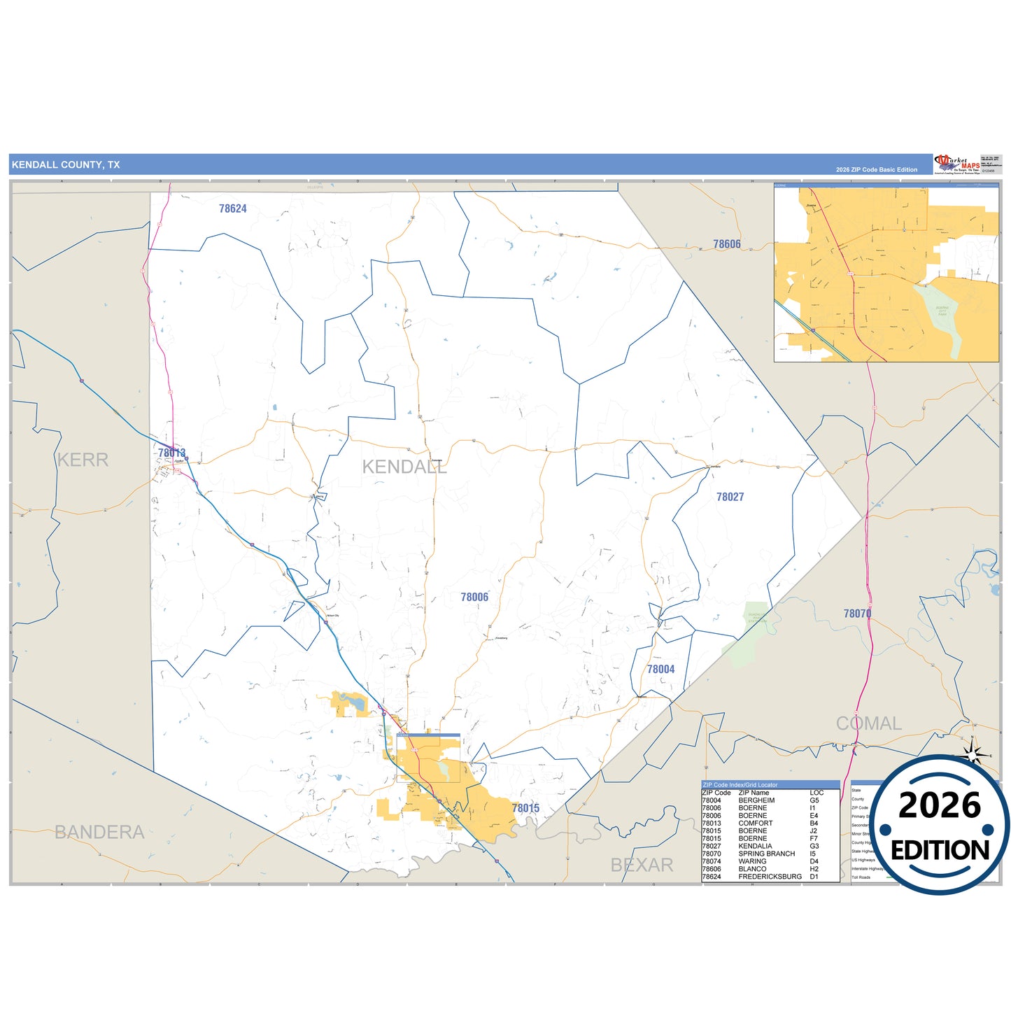 Kendall County, TX Business Reference 5 Digit ZIP Code Wall Map