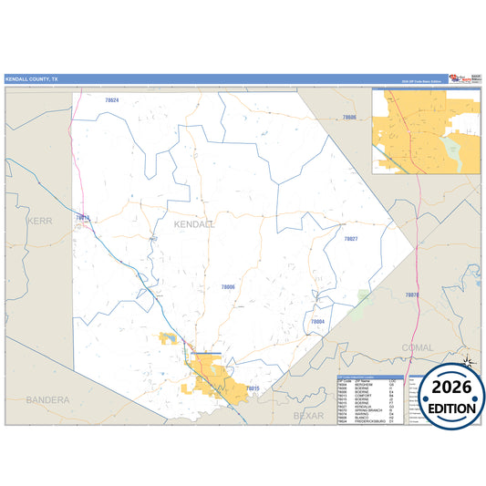 Kendall County, TX Business Reference 5 Digit ZIP Code Wall Map