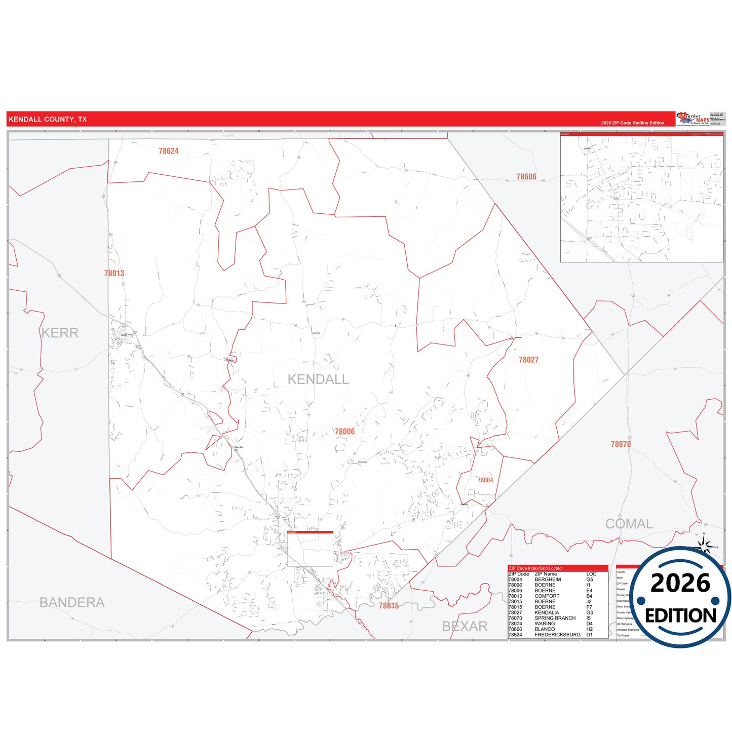 Kendall County, TX Red Line 5 Digit ZIP Code Wall Map
