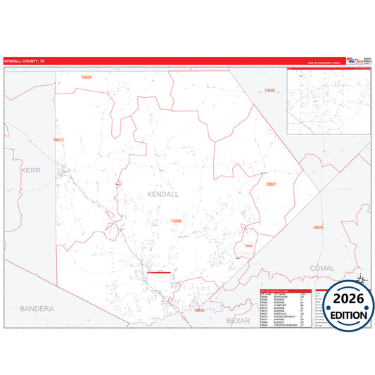 Kendall County, TX Red Line 5 Digit ZIP Code Wall Map