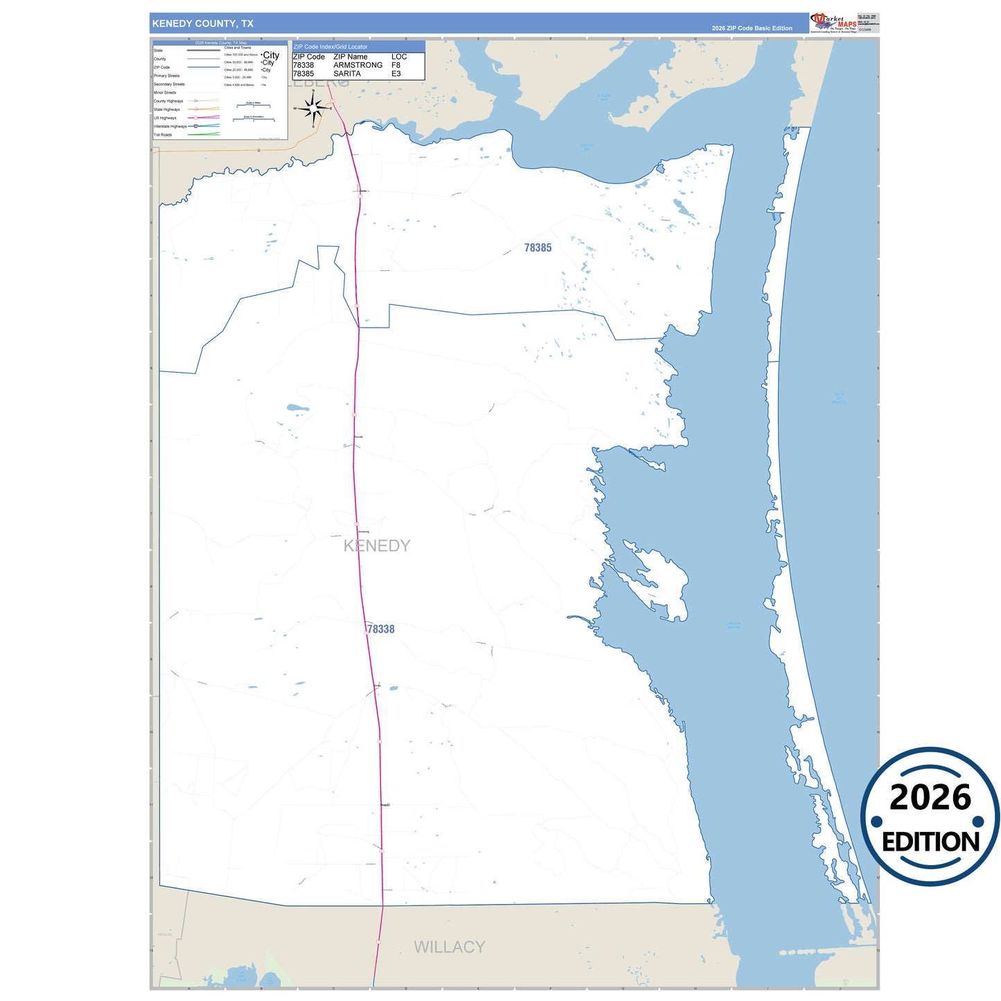Kenedy County, TX Business Reference 5 Digit ZIP Code Wall Map
