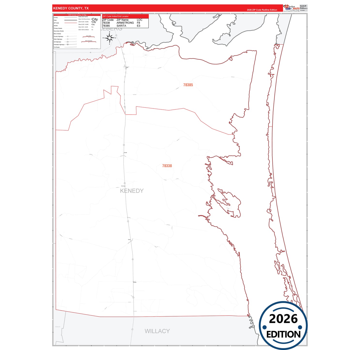 Kenedy County, TX Red Line 5 Digit ZIP Code Wall Map
