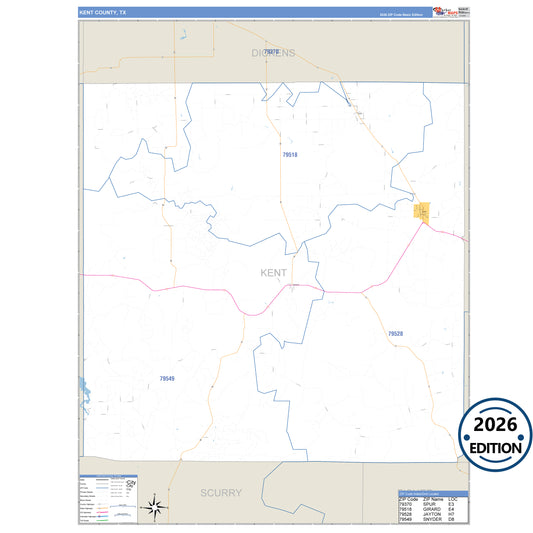 Kent County, TX Business Reference 5 Digit ZIP Code Wall Map