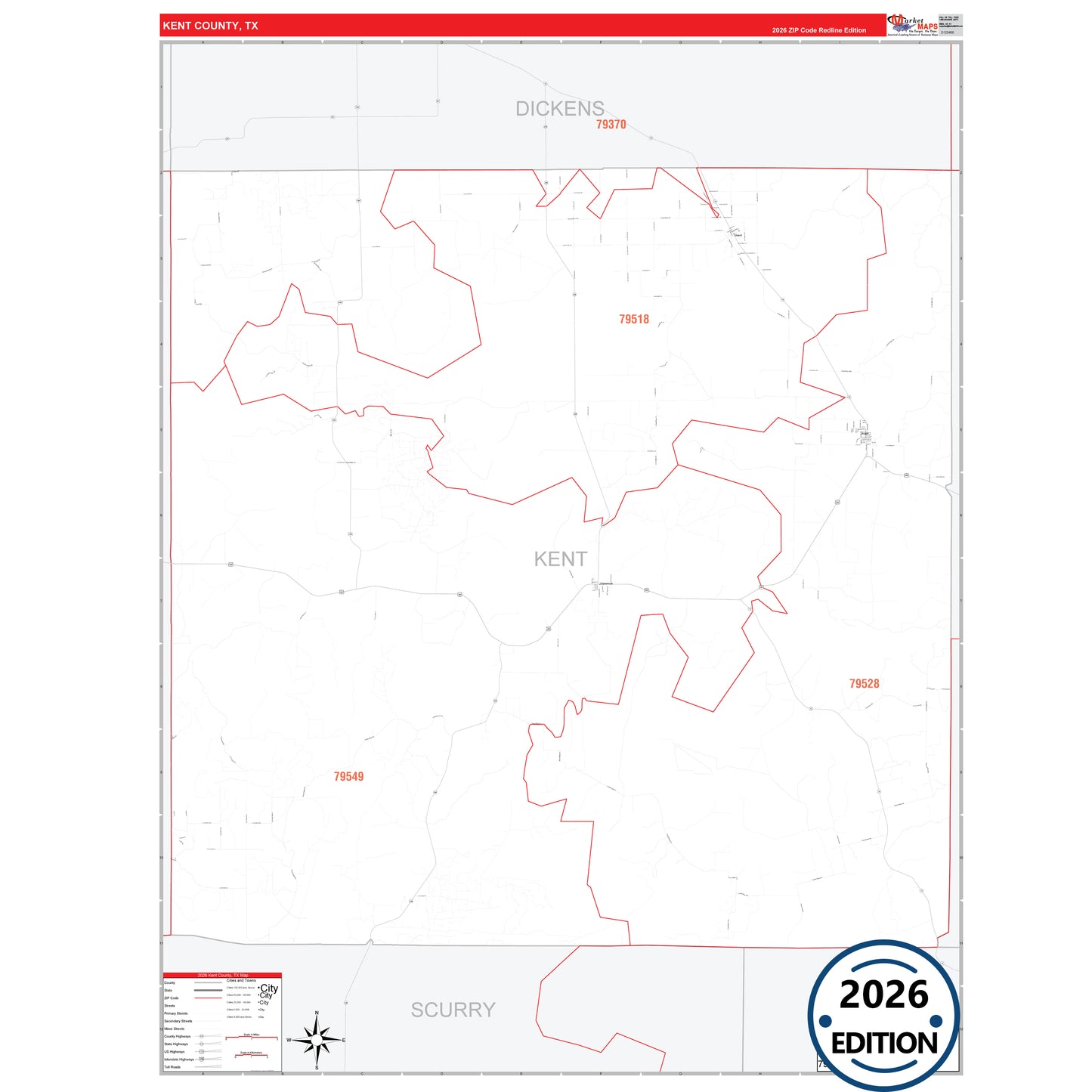 Kent County, TX Red Line 5 Digit ZIP Code Wall Map