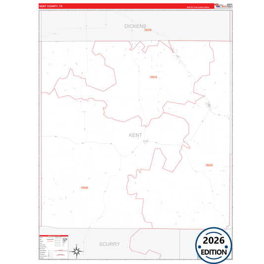 Kent County, TX Red Line 5 Digit ZIP Code Wall Map