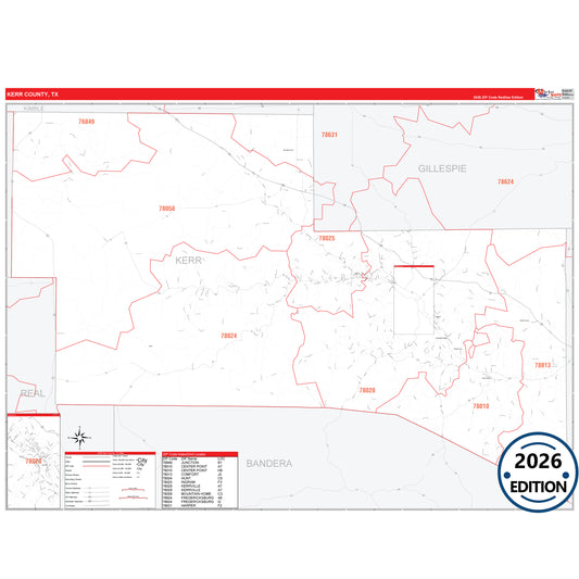 Kerr County, TX Red Line 5 Digit ZIP Code Wall Map