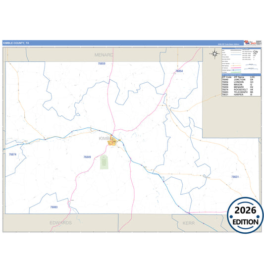 Kimble County, TX Business Reference 5 Digit ZIP Code Wall Map