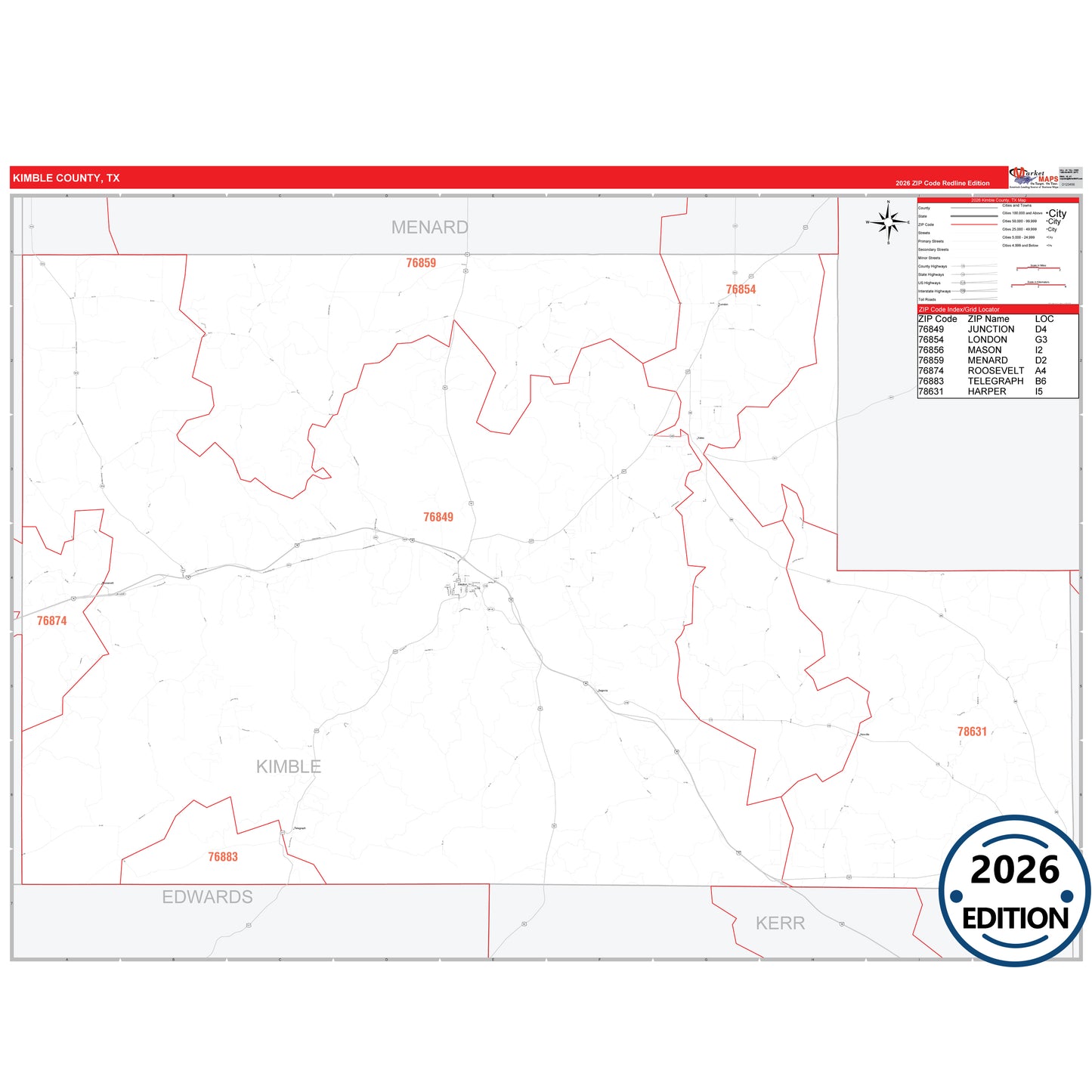 Kimble County, TX Red Line 5 Digit ZIP Code Wall Map