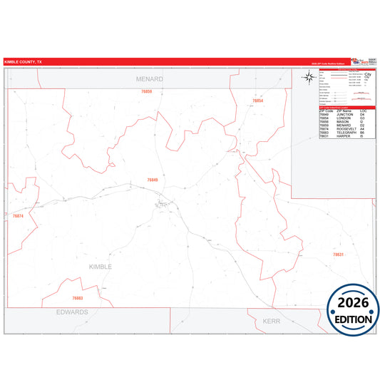 Kimble County, TX Red Line 5 Digit ZIP Code Wall Map