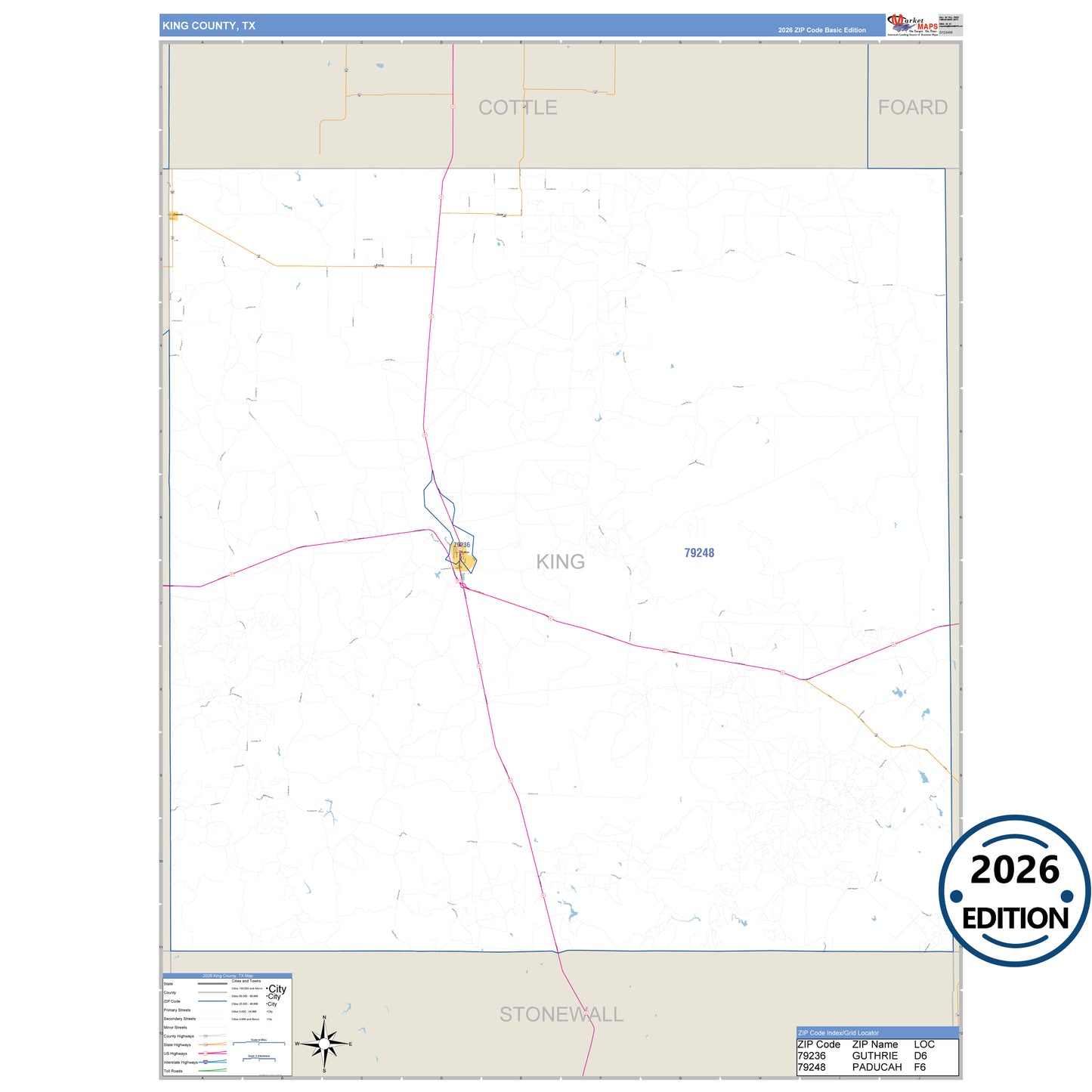 King County, TX Business Reference 5 Digit ZIP Code Wall Map