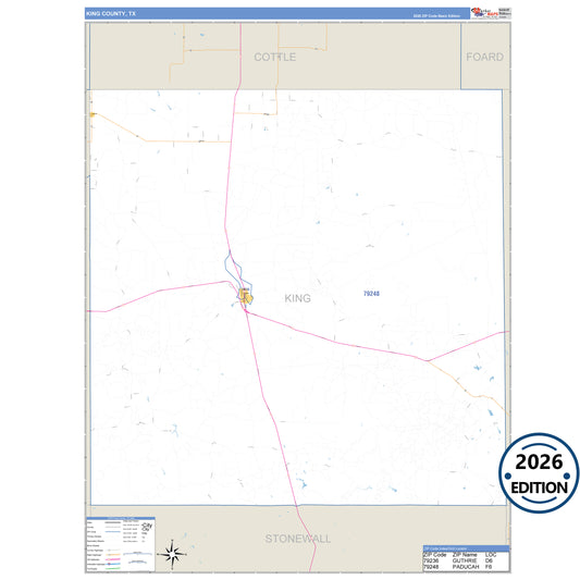 King County, TX Business Reference 5 Digit ZIP Code Wall Map