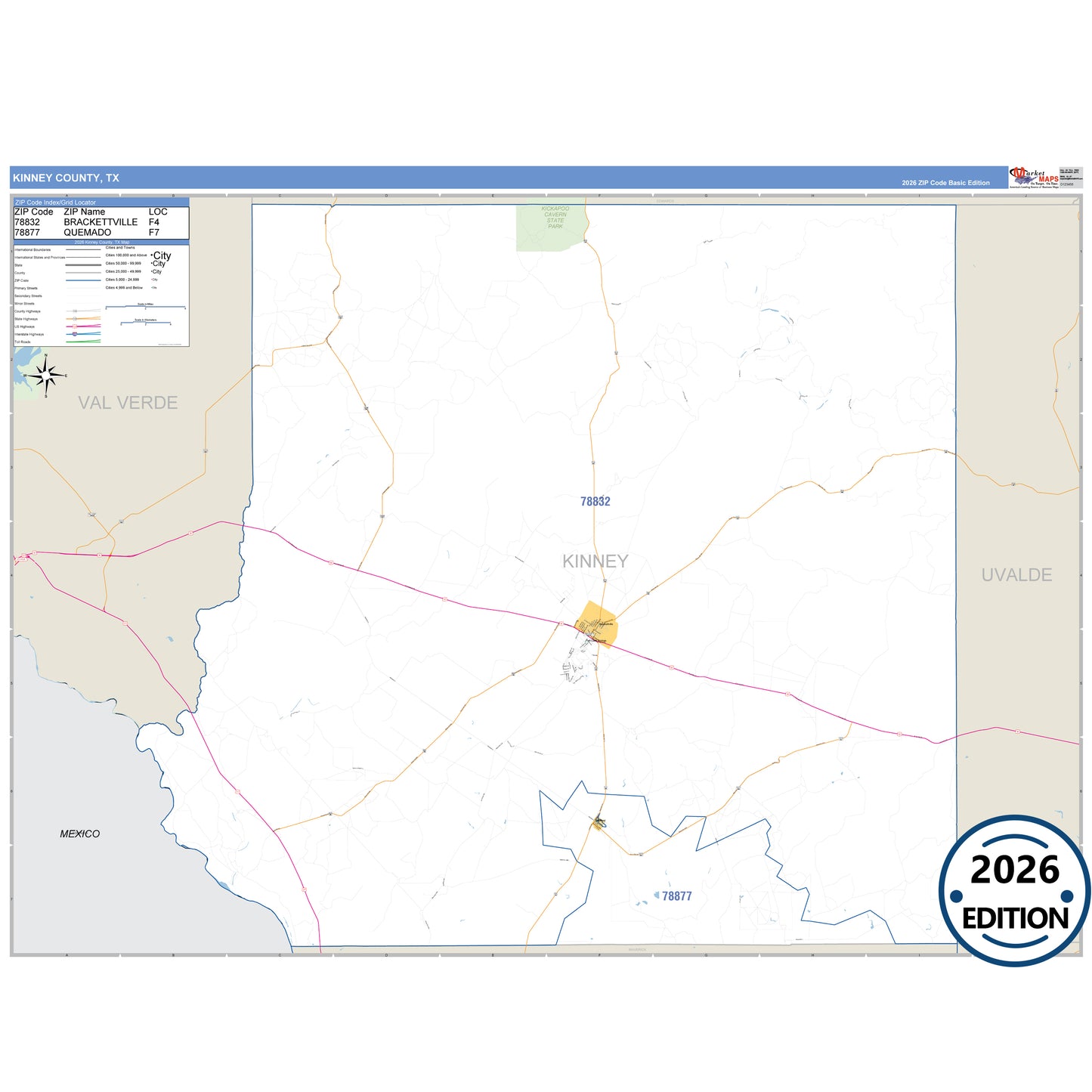 Kinney County, TX Business Reference 5 Digit ZIP Code Wall Map