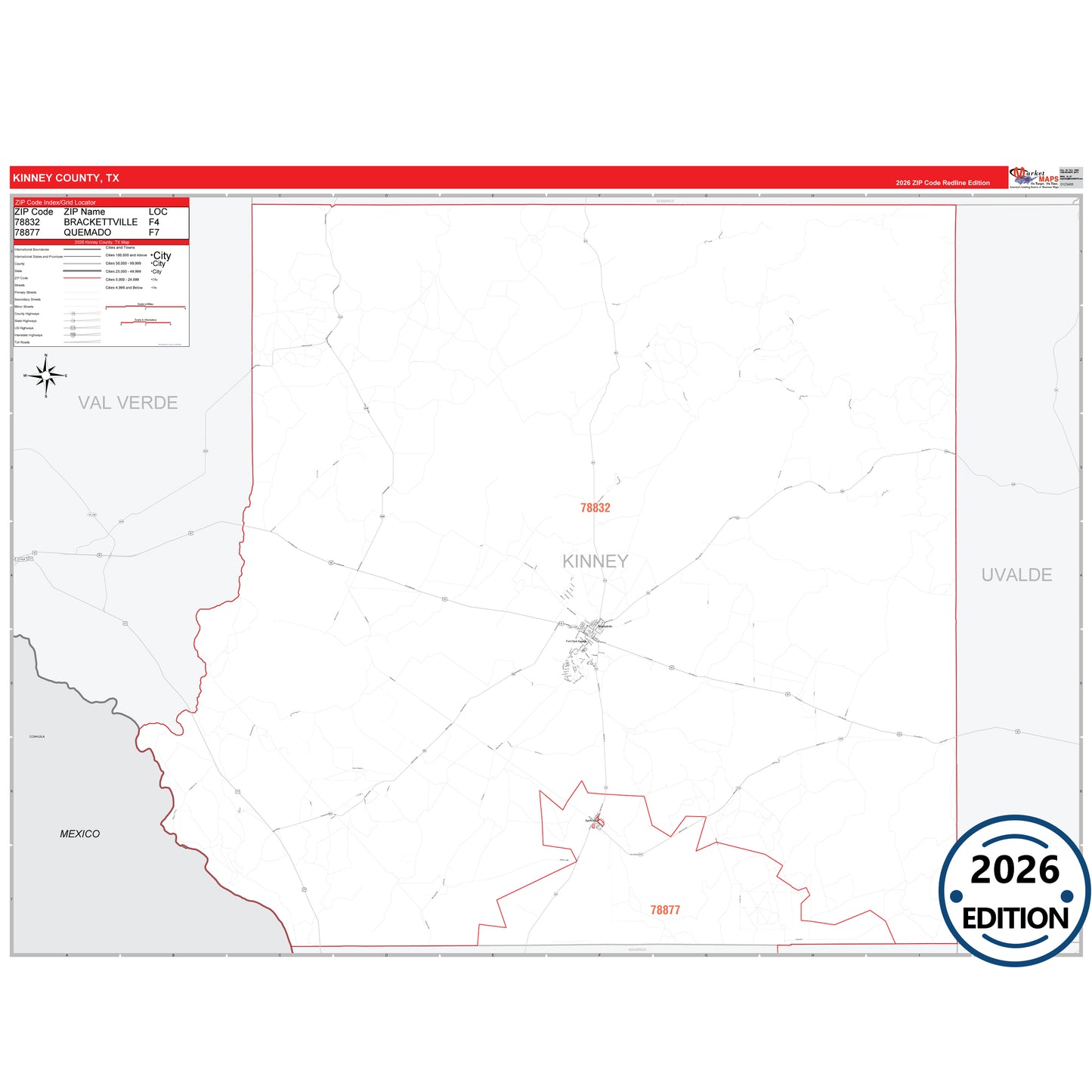 Kinney County, TX Red Line 5 Digit ZIP Code Wall Map