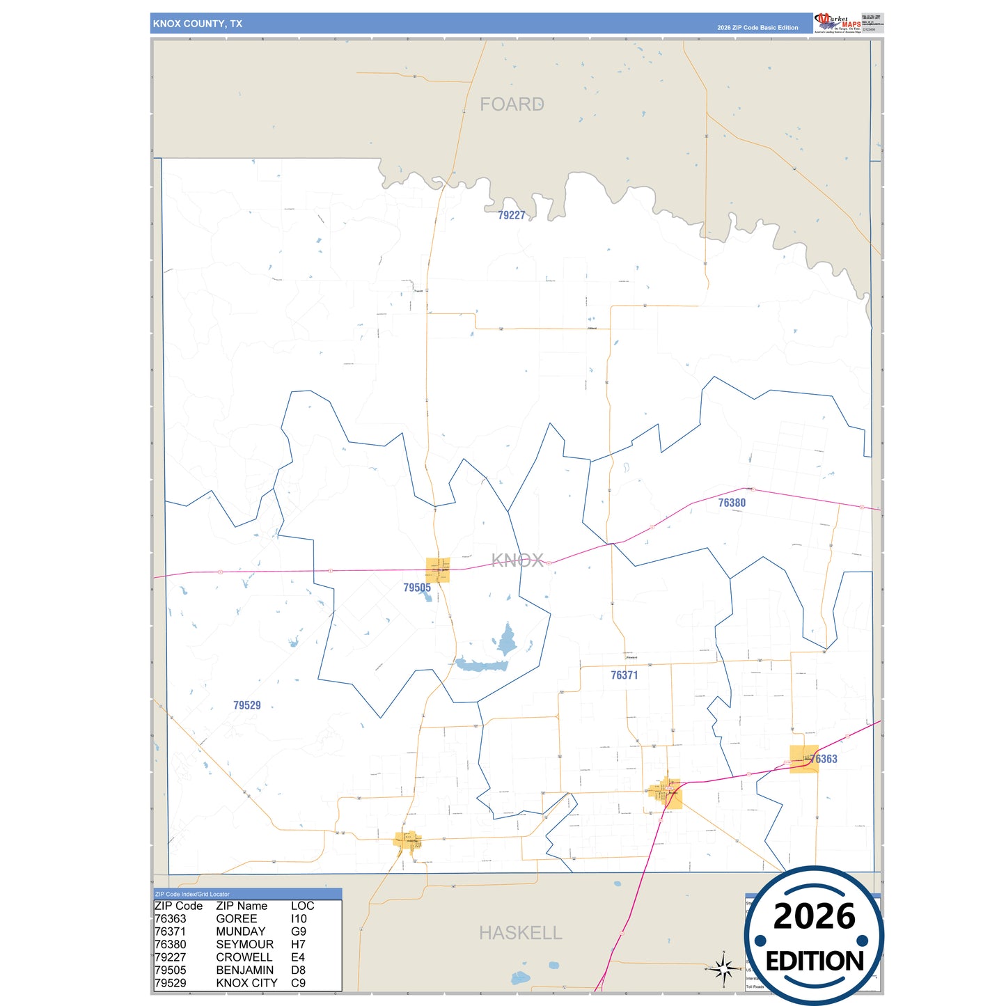 Knox County, TX Business Reference 5 Digit ZIP Code Wall Map