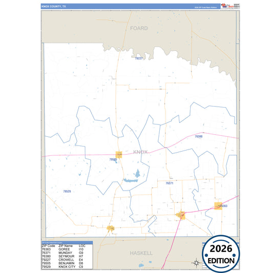 Knox County, TX Business Reference 5 Digit ZIP Code Wall Map