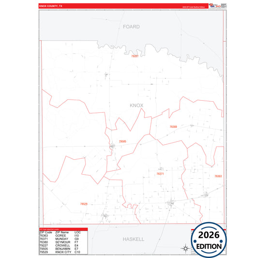 Knox County, TX Red Line 5 Digit ZIP Code Wall Map