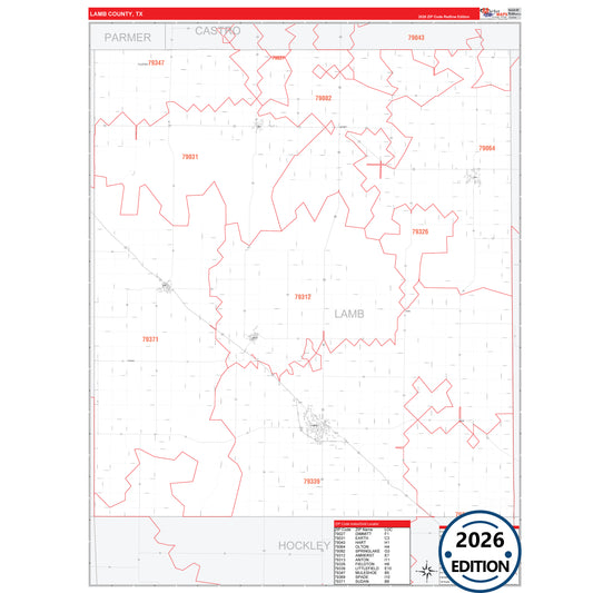 Lamar County, TX Red Line 5 Digit ZIP Code Wall Map