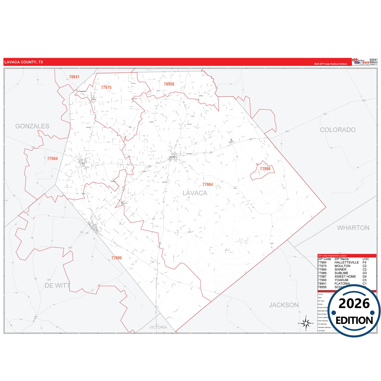 Lavaca County, TX Red Line 5 Digit ZIP Code Wall Map