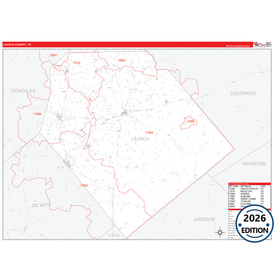 Lavaca County, TX Red Line 5 Digit ZIP Code Wall Map