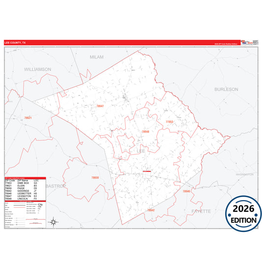 Lee County, TX Red Line 5 Digit ZIP Code Wall Map