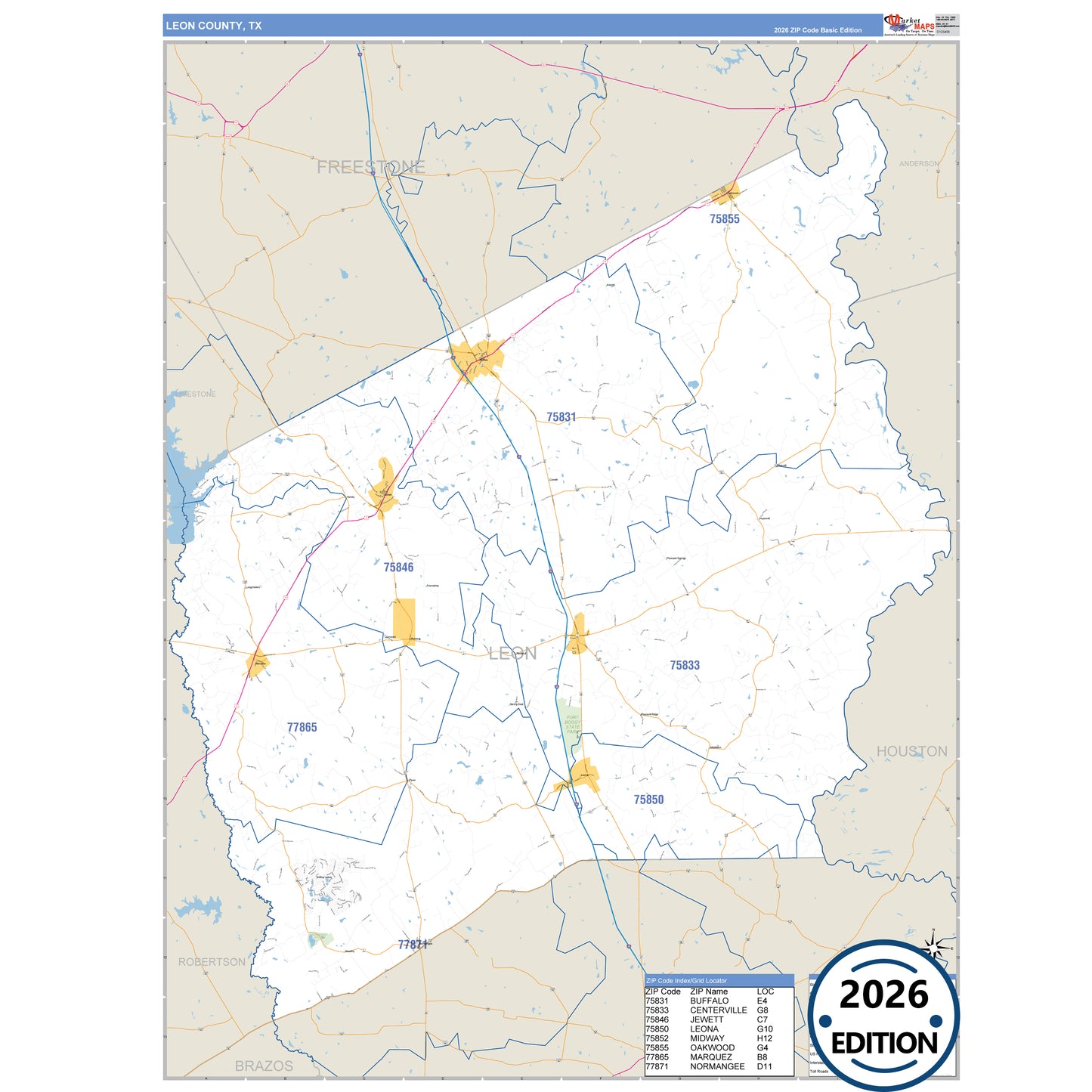 Leon County, TX Business Reference 5 Digit ZIP Code Wall Map