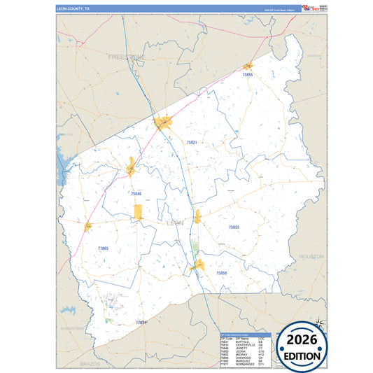 Leon County, TX Business Reference 5 Digit ZIP Code Wall Map