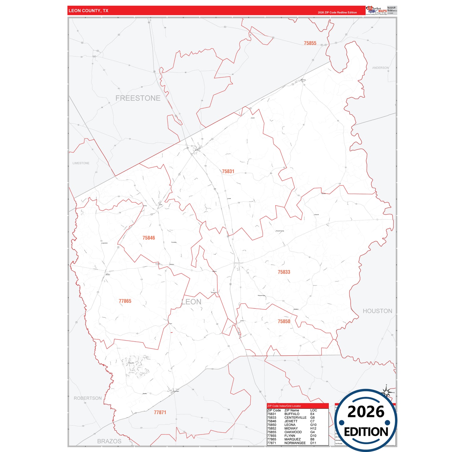 Leon County, TX Red Line 5 Digit ZIP Code Wall Map