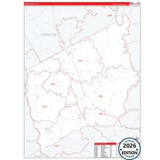 Leon County, TX Red Line 5 Digit ZIP Code Wall Map