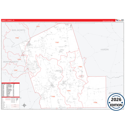 Liberty County, TX Red Line 5 Digit ZIP Code Wall Map