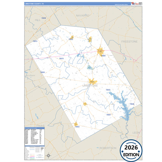 Limestone County, TX Business Reference 5 Digit ZIP Code Wall Map