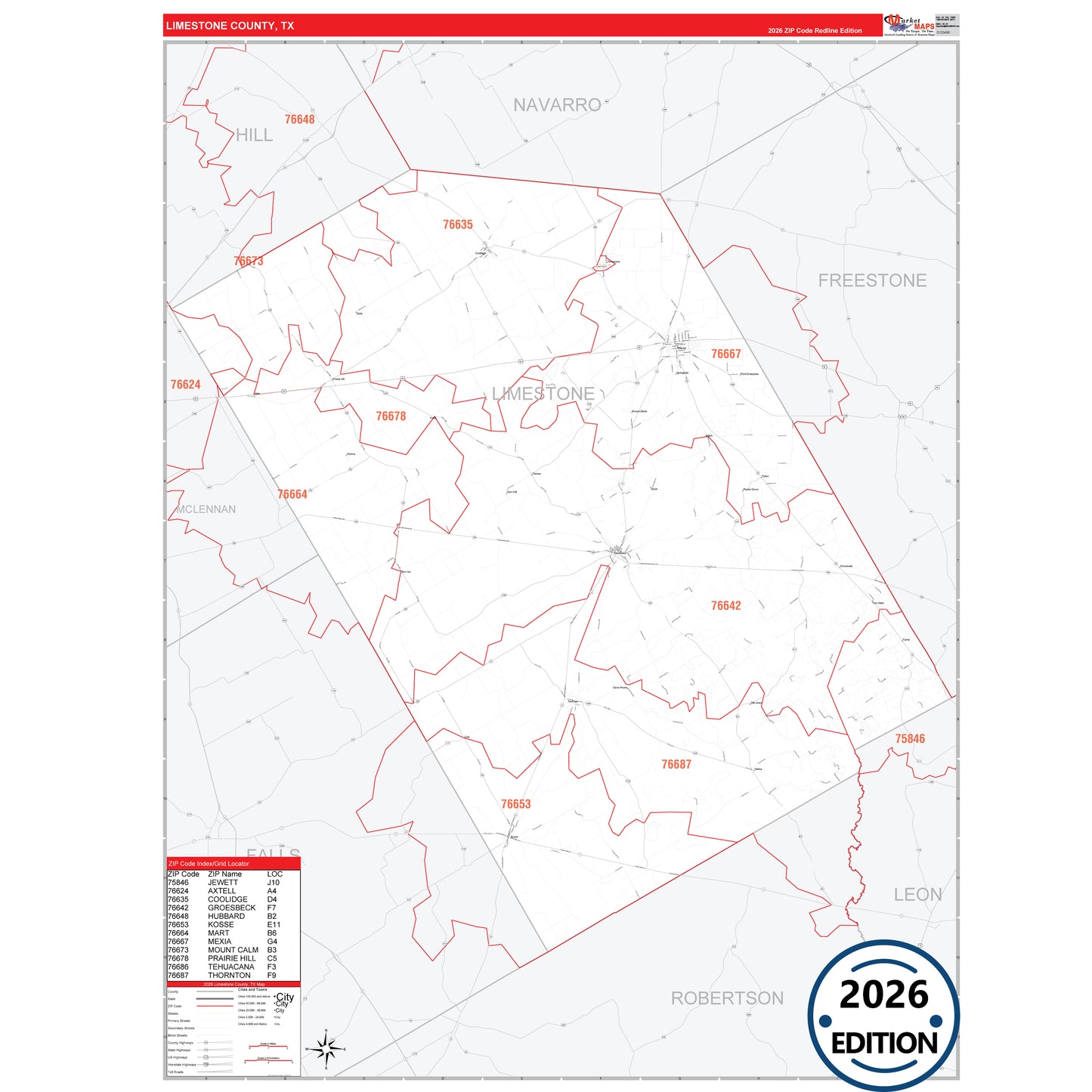 Limestone County, TX Red Line 5 Digit ZIP Code Wall Map