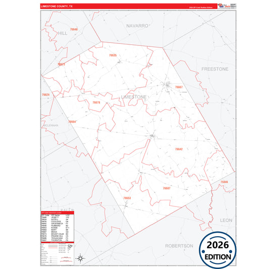 Limestone County, TX Red Line 5 Digit ZIP Code Wall Map
