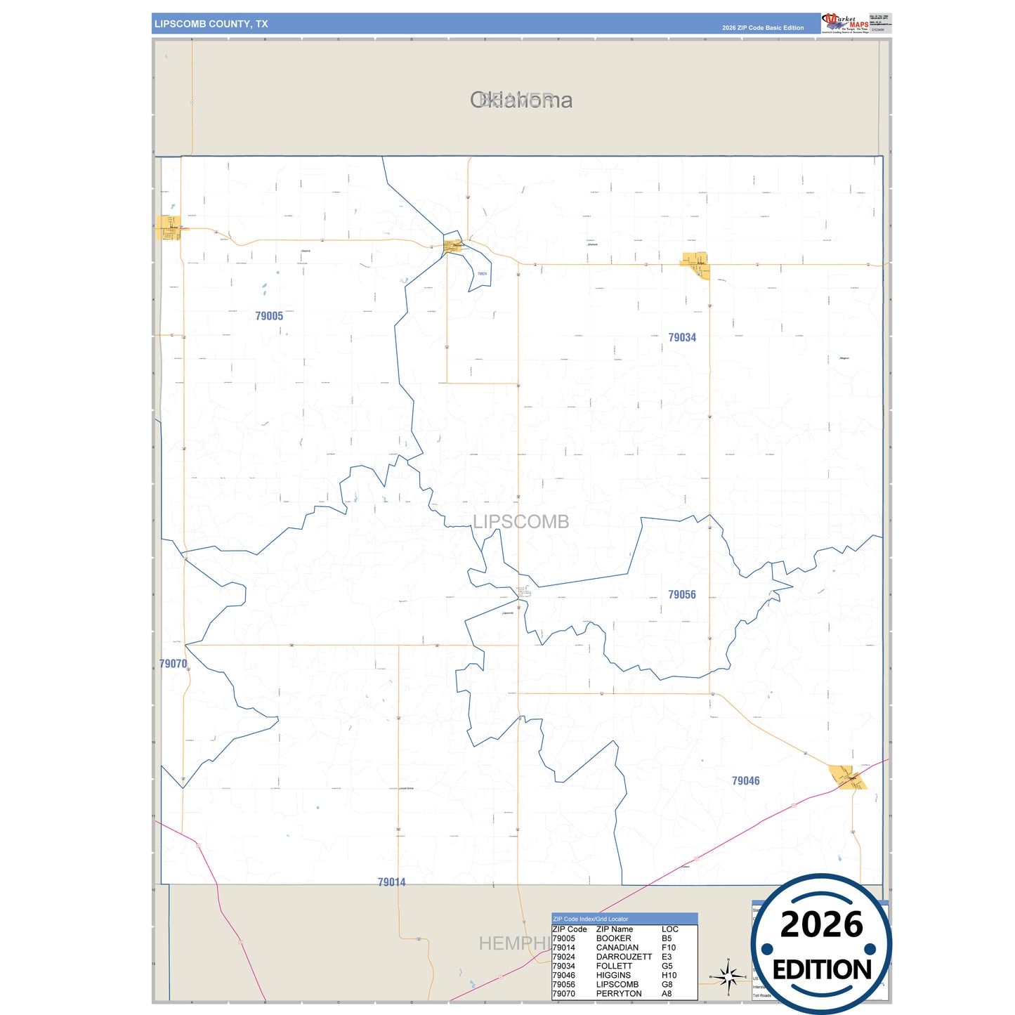 Lipscomb County, TX Business Reference 5 Digit ZIP Code Wall Map