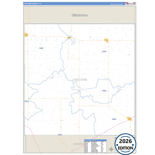 Lipscomb County, TX Business Reference 5 Digit ZIP Code Wall Map
