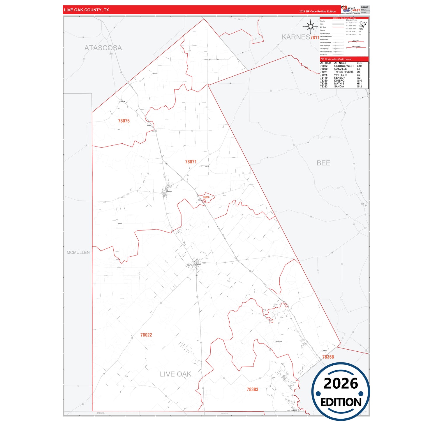 Live Oak County, TX Red Line 5 Digit ZIP Code Wall Map