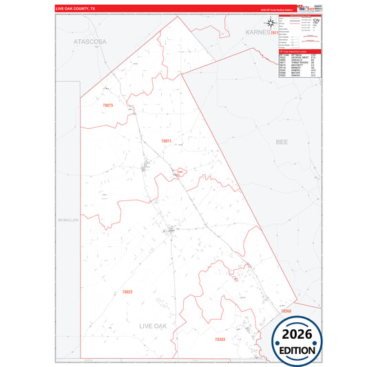 Live Oak County, TX Red Line 5 Digit ZIP Code Wall Map