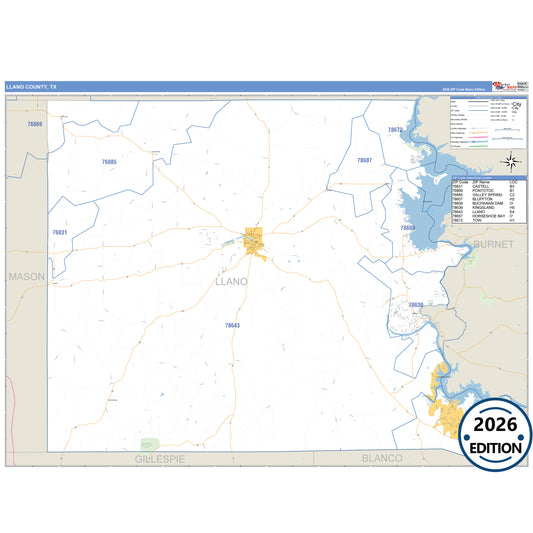 Llano County, TX Business Reference 5 Digit ZIP Code Wall Map