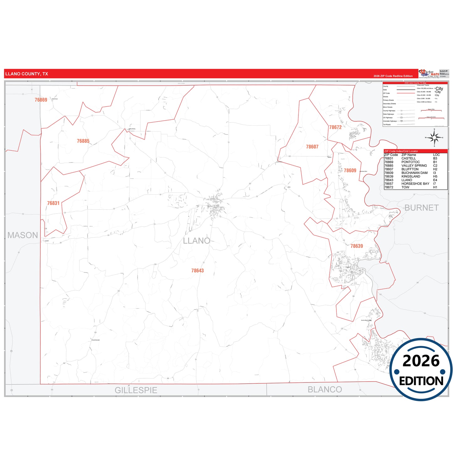 Llano County, TX Red Line 5 Digit ZIP Code Wall Map