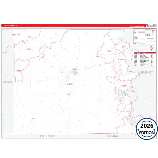 Llano County, TX Red Line 5 Digit ZIP Code Wall Map