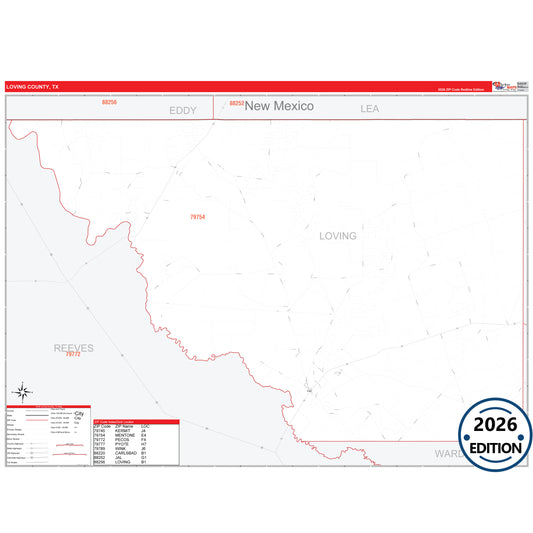 Loving County, TX Red Line 5 Digit ZIP Code Wall Map